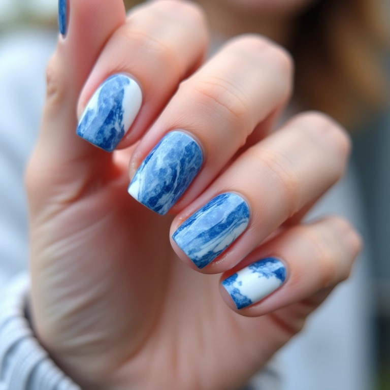 Unhas de gel marmorizadas em azul e branco.