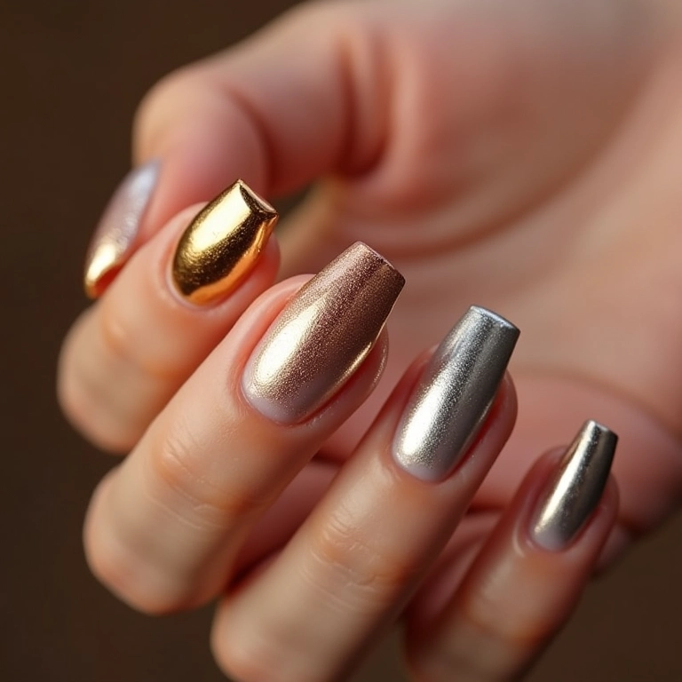 Unhas de gel metalizadas em dourado e prateado.