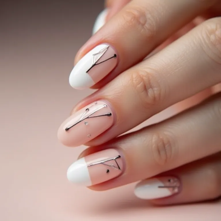 Unhas de gel minimalistas com traços e formas geométricas.
