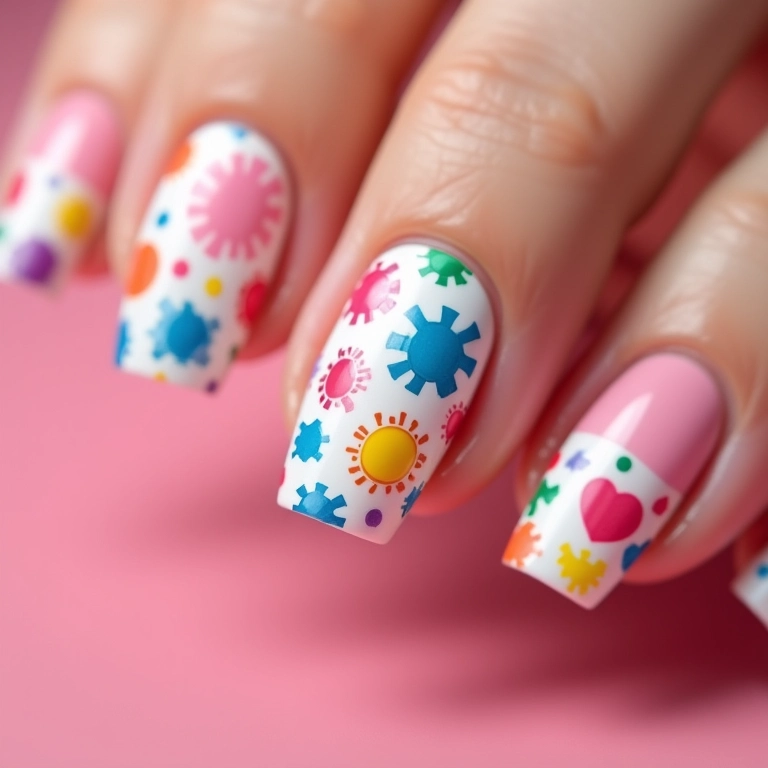 Unhas de gel ovais com adesivos coloridos e divertidos.
