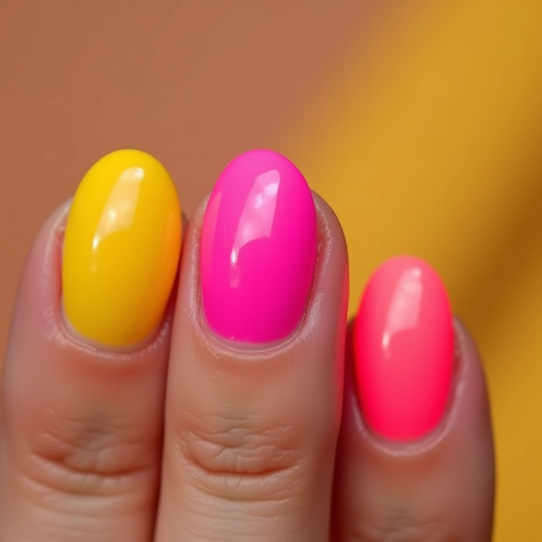 Unhas de gel ovais com cores neon vibrantes.