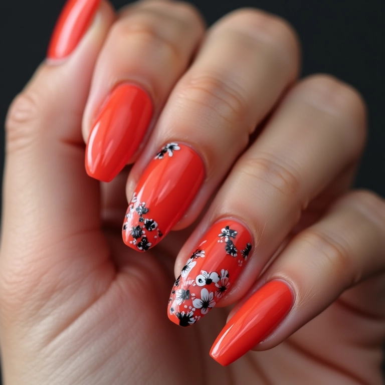 Unhas de gel ovais com desenhos geométricos modernos.