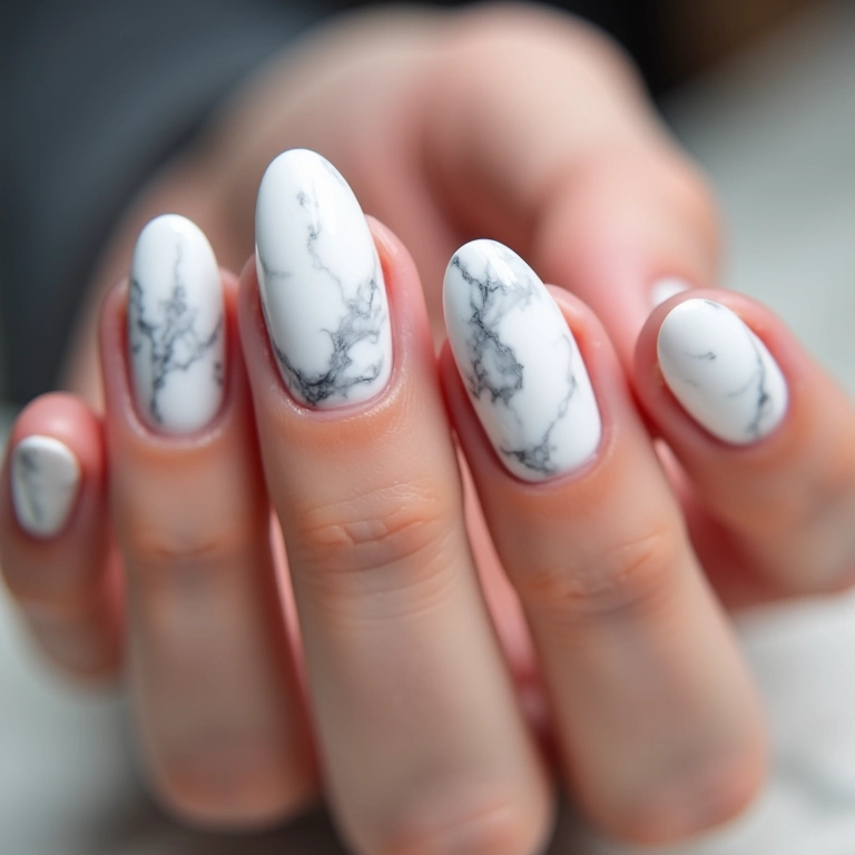 Unhas de gel ovais com efeito marmorizado elegante.