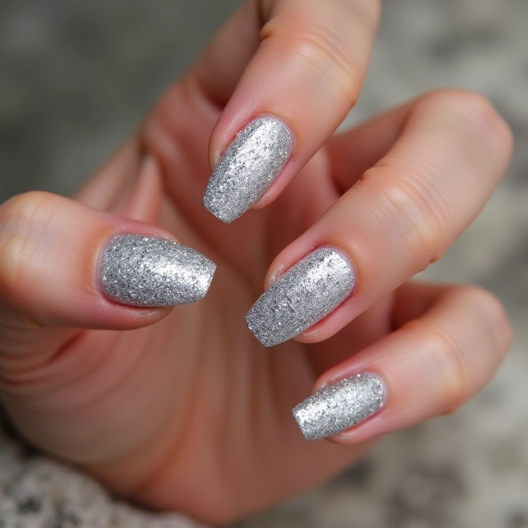 Unhas de gel ovais com glitter prateado, ideais para festas.
