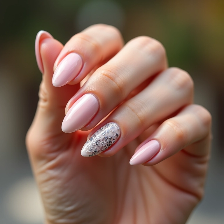 Unhas de gel ovais decoradas com designs modernos e elegantes.