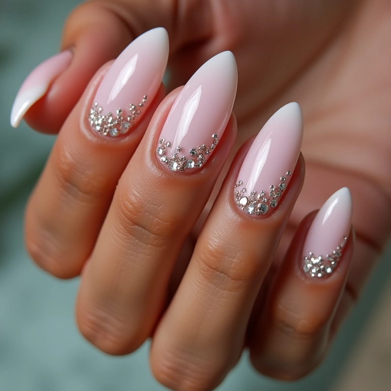 Unhas de gel ovais decoradas com pedrarias elegantes.