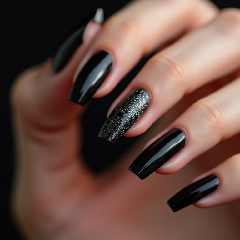 Unhas de gel pretas com filha única de glitter, destaque sutil e elegante.