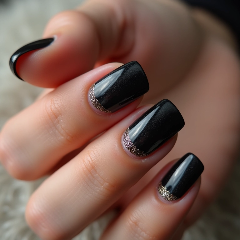 Unhas de gel pretas com francesinha de glitter, elegância reinventada.