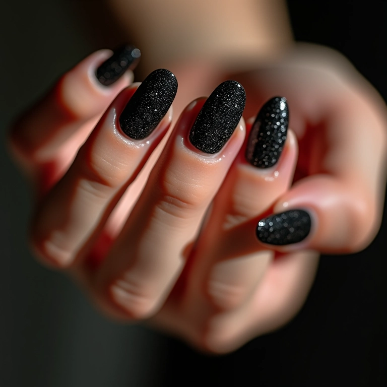 Unhas de gel pretas com glitter brilhando sob a luz, close-up elegante.
