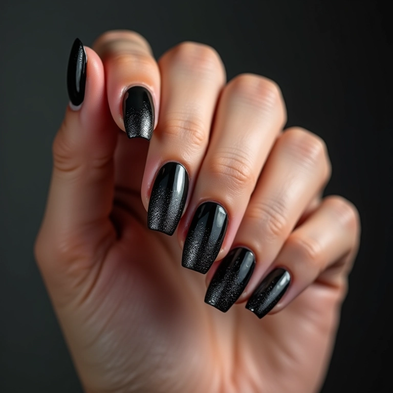 Unhas de gel pretas com glitter degradê, transição suave e elegante.