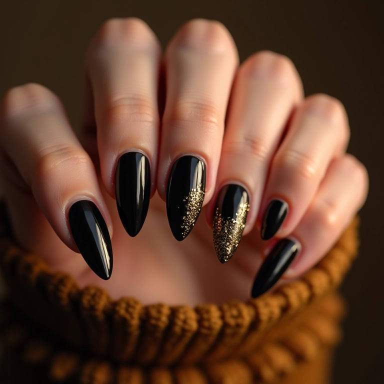 Unhas de gel pretas com glitter dourado, luxo e sofisticação.