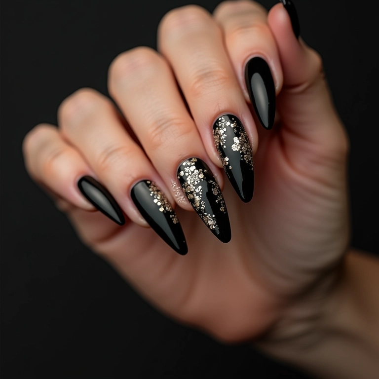 Unhas de gel pretas com glitter e adesivos, design criativo e moderno.