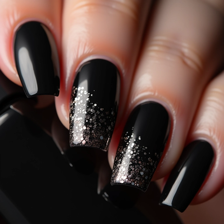 Unhas de gel pretas com glitter e desenhos, arte e estilo.