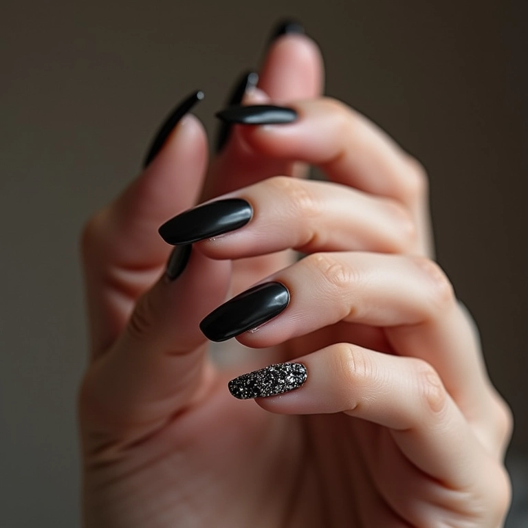 Unhas de gel pretas com glitter e efeito fosco, combinação moderna.