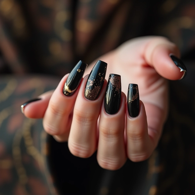 Unhas de gel pretas com glitter e efeito marmorizado, luxo e elegância.