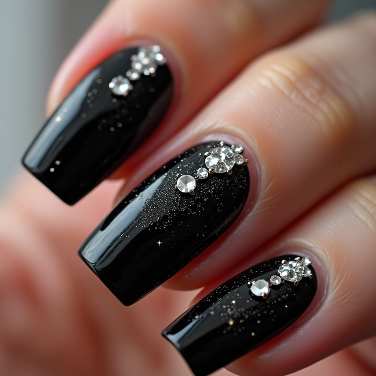 Unhas de gel pretas com glitter e pedrarias, brilho e glamour.