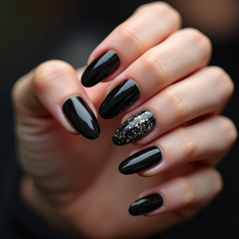 Unhas de gel pretas com glitter encapsulado, durabilidade e brilho.