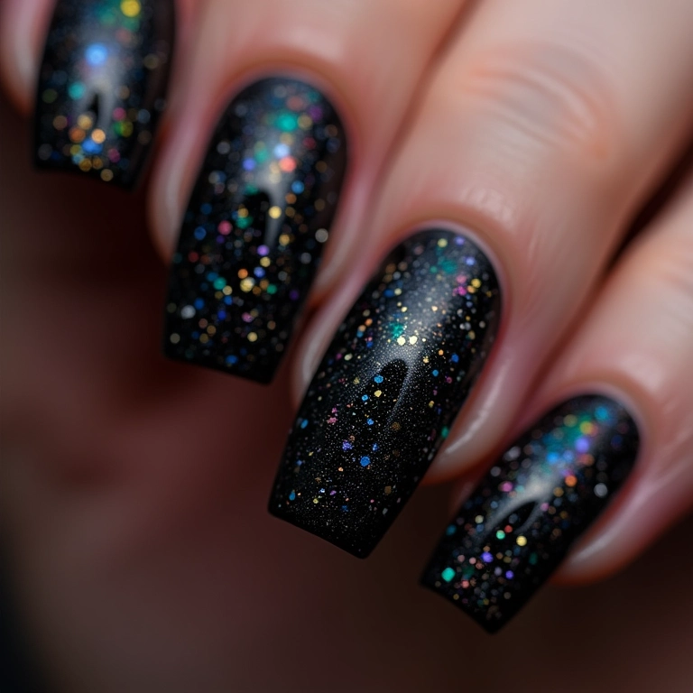 Unhas de gel pretas com glitter holográfico, efeito arco-íris deslumbrante.