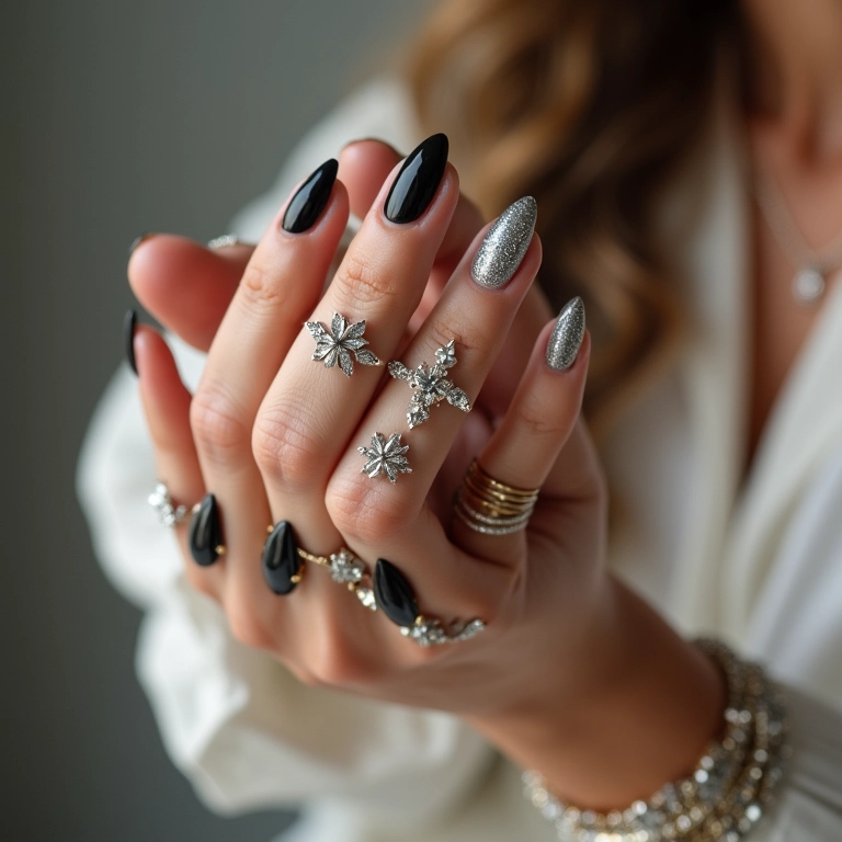Unhas de gel pretas com glitter prata, detalhe elegante e moderno.