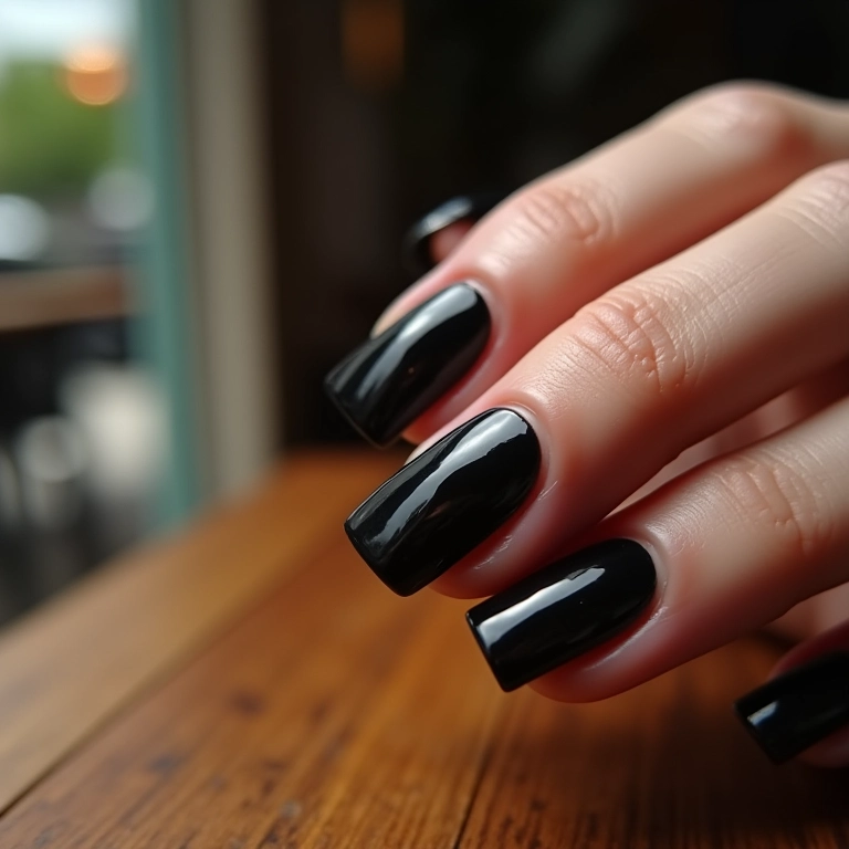 Unhas de gel pretas elegantes com acabamento brilhante