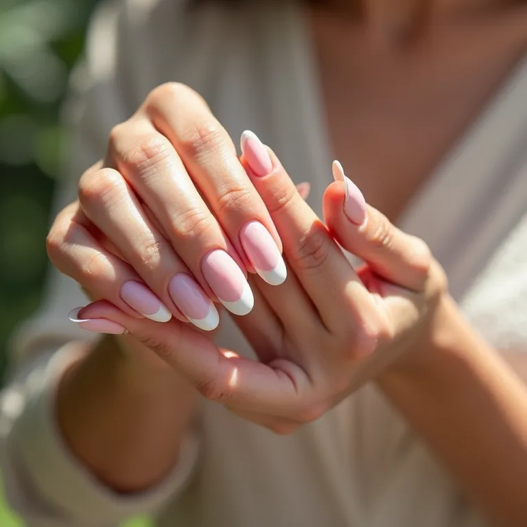 Unhas de gel rosa bebê com detalhes delicados em branco.