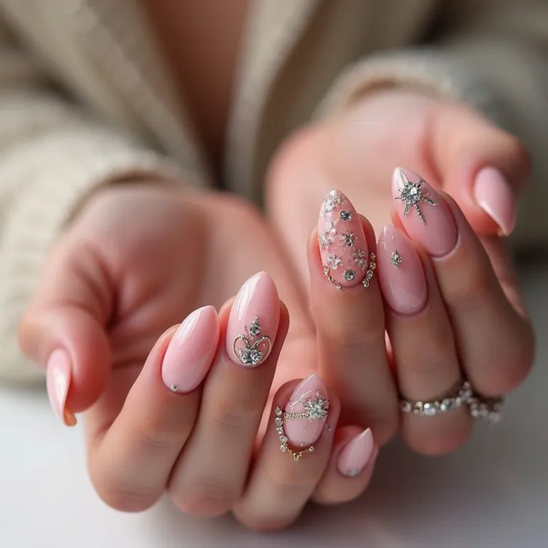 Unhas de gel rosa chá com aplicações de pedrarias.