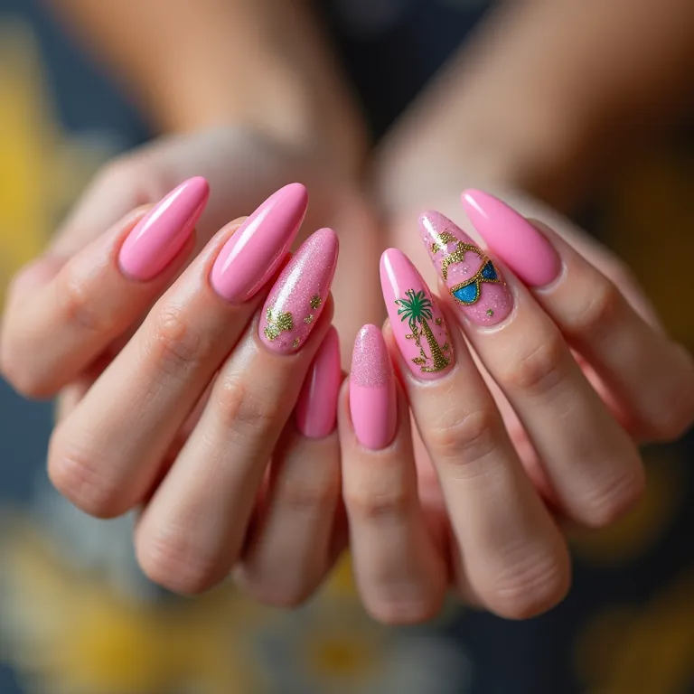 Unhas de gel rosa com adesivos temáticos.
