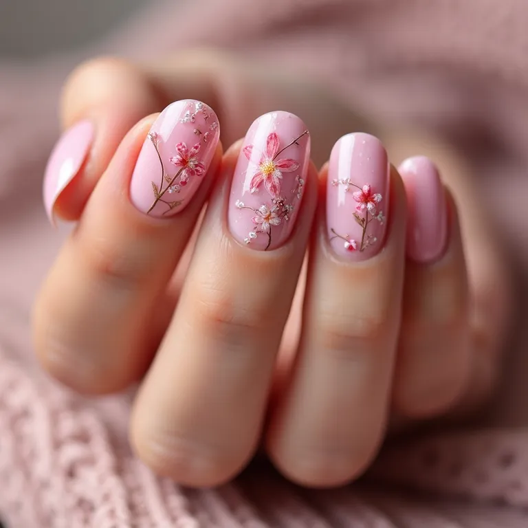 Unhas de gel rosa com desenhos florais delicados.