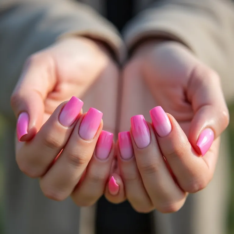 Unhas de gel rosa com efeito degradê (ombré).