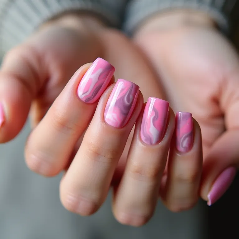 Unhas de gel rosa com efeito marmorizado.