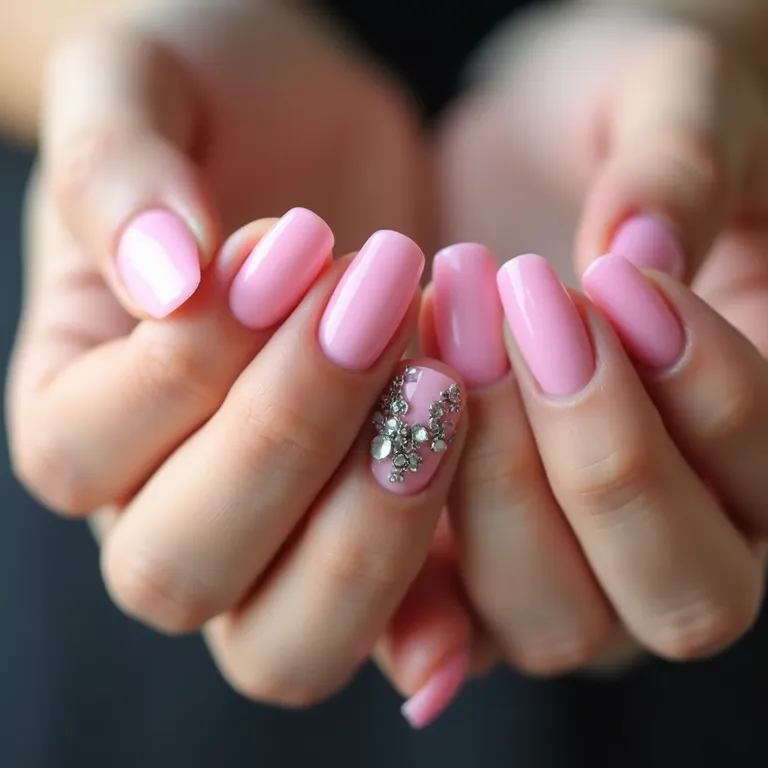 Unhas de gel rosa com filha única decorada.