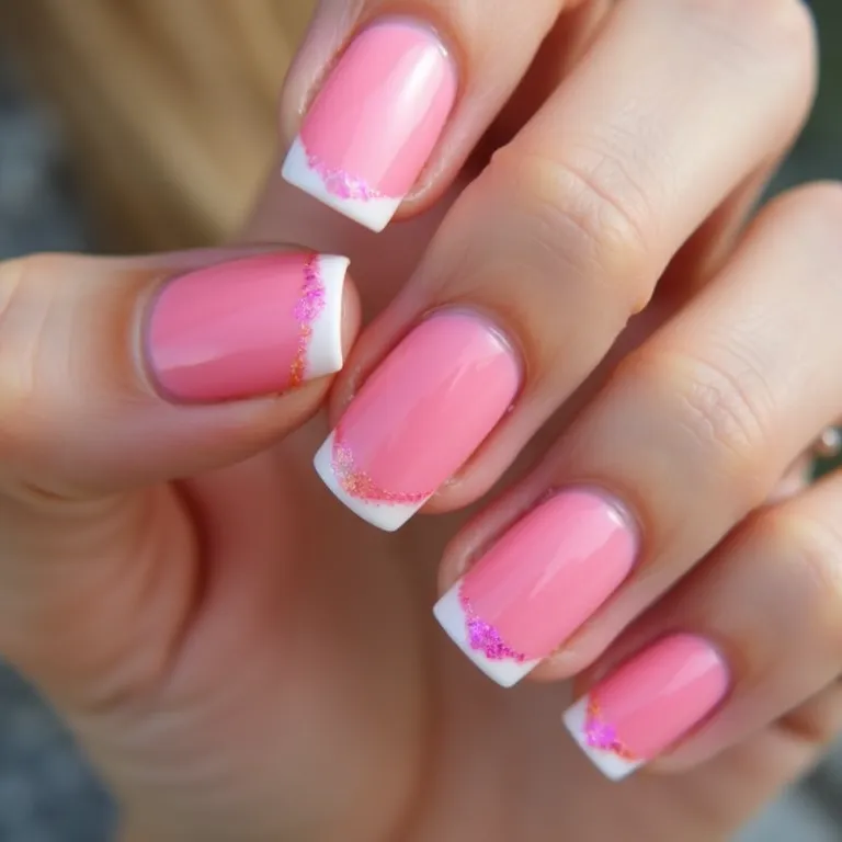 Unhas de gel rosa com francesinha colorida e moderna.