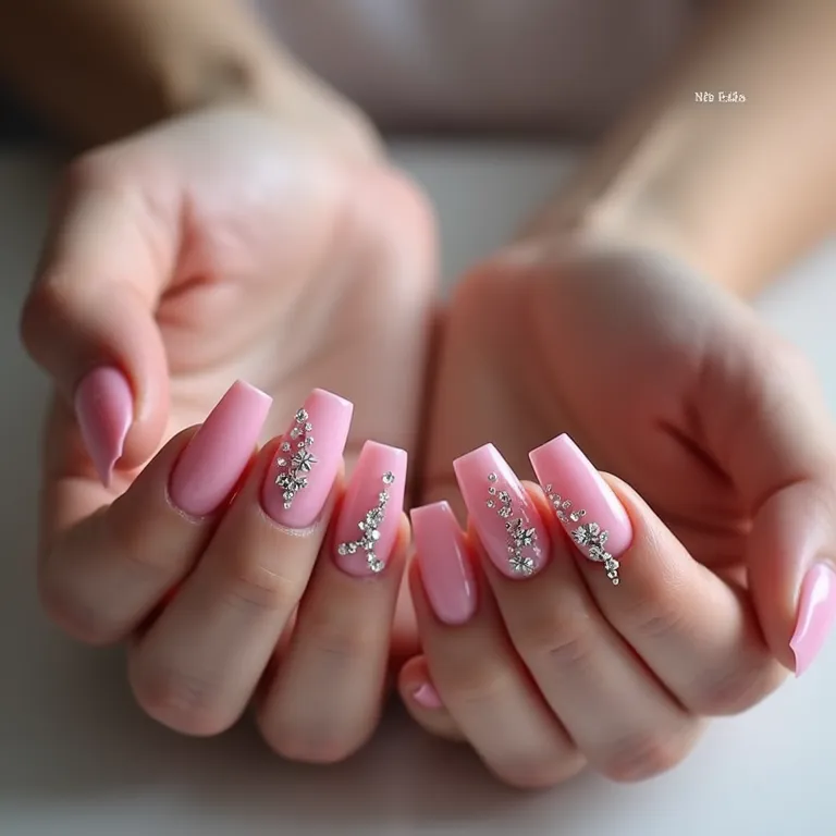 Unhas de gel rosa com pedras e strass brilhantes.