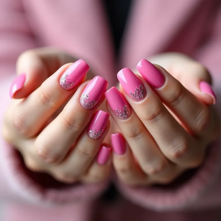 Unhas de gel rosa pink vibrante com detalhes em glitter.
