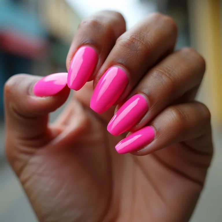 Unhas de gel rosa pink vibrantes em ambiente urbano.