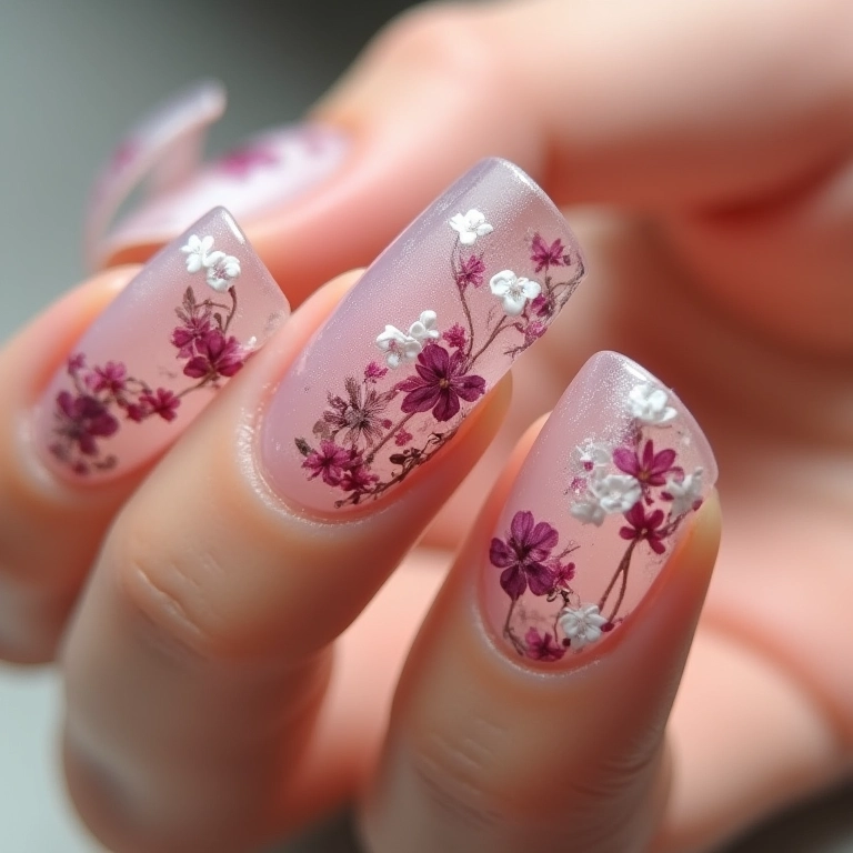Unhas de gel transparentes com flores secas.