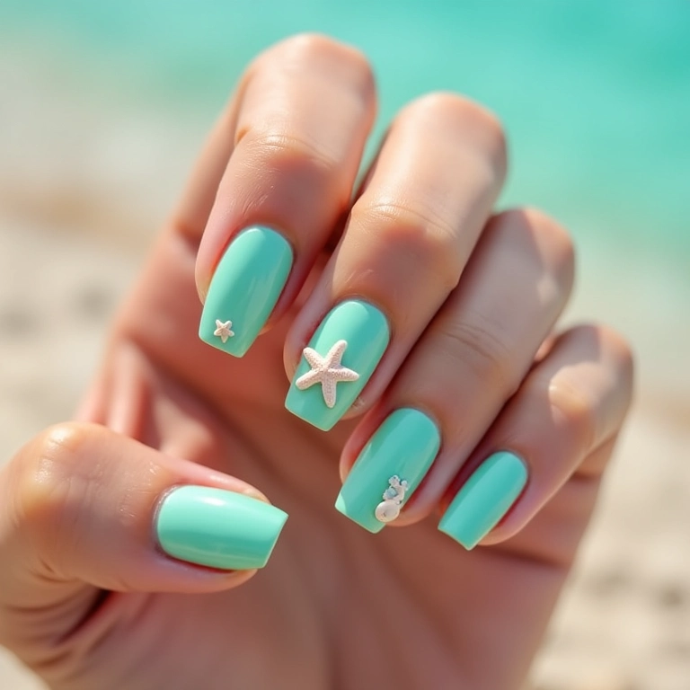 Unhas de gel verde água com conchas e estrelas.