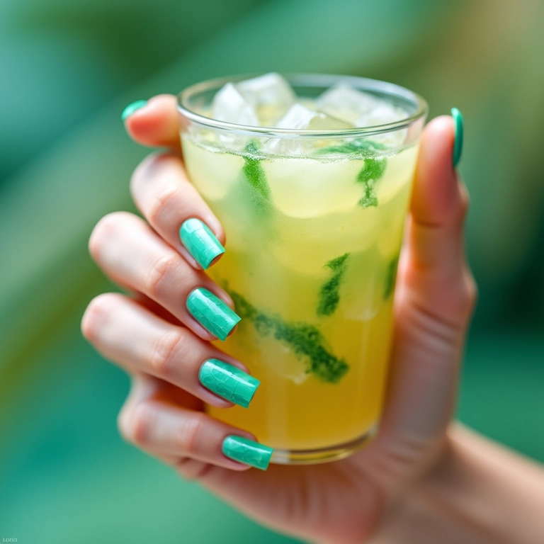 Unhas de gel verde água com desenhos geométricos.