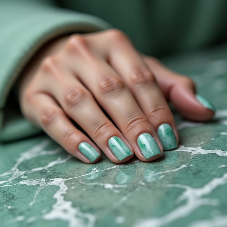 Unhas de gel verde água com efeito marmorizado.