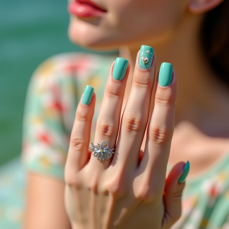 Unhas de gel verde água com flores delicadas.