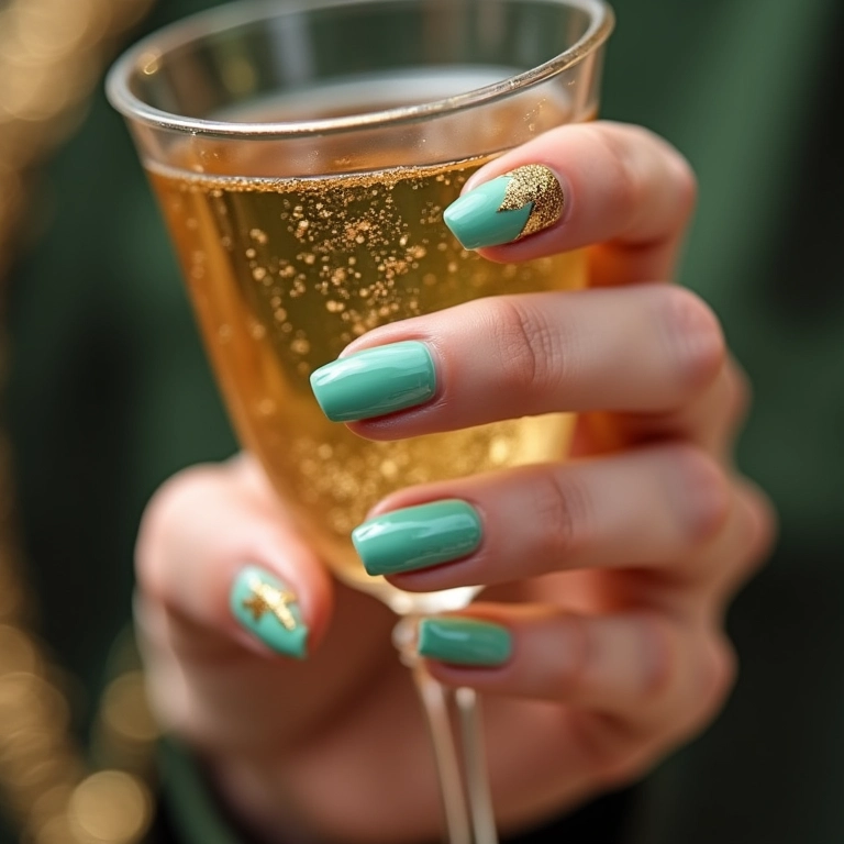 Unhas de gel verde água com folha de ouro.