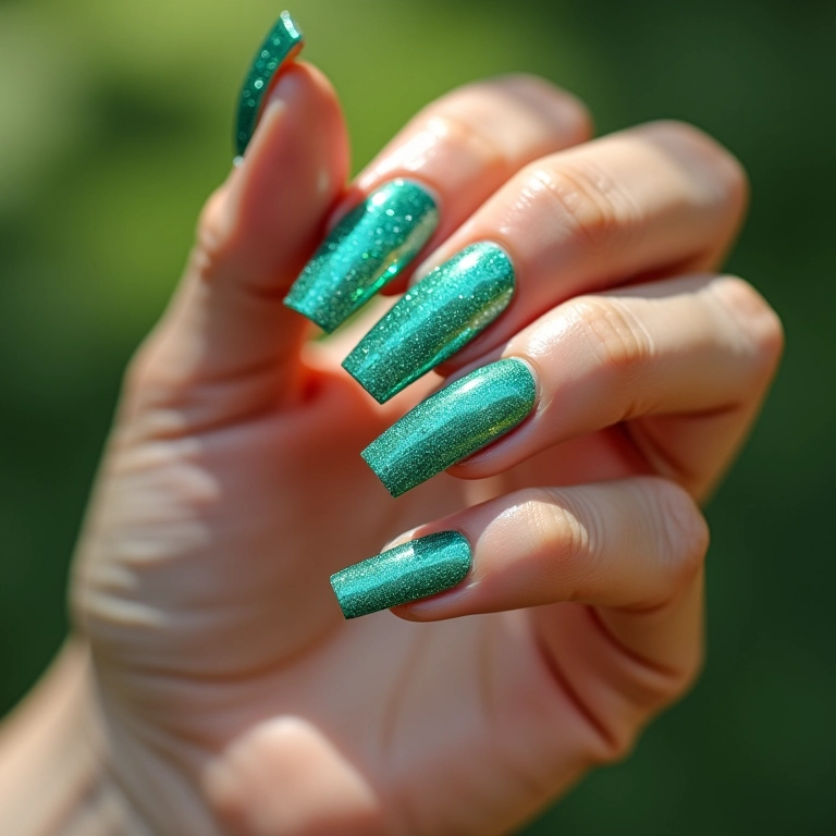 Unhas de gel verde água com glitter brilhando.