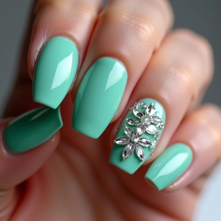Unhas de gel verde água com pedrarias brilhantes.