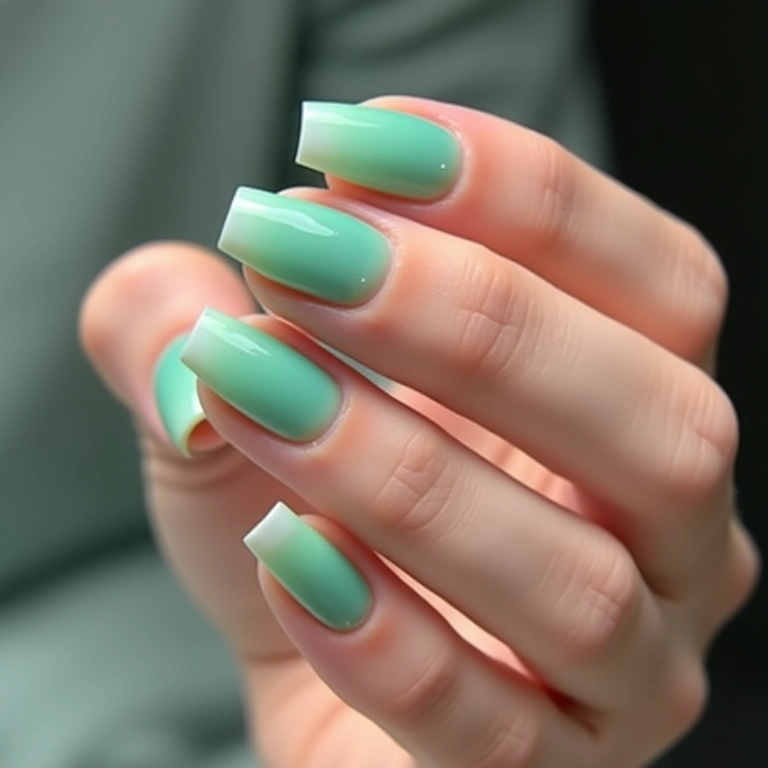Unhas de gel verde água degradê, transição suave.