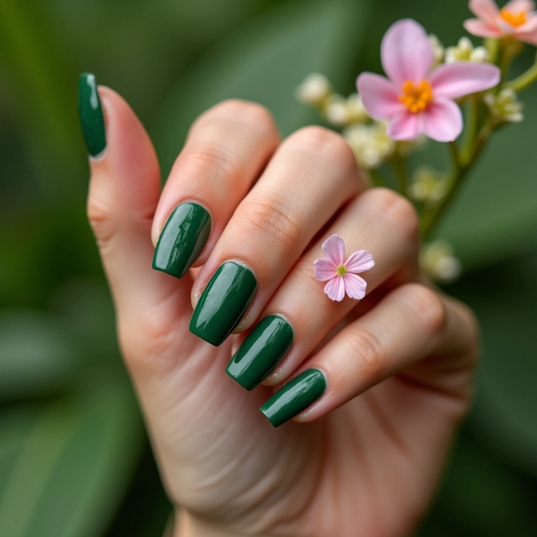 Unhas de gel verde com flores em toque romântico.
