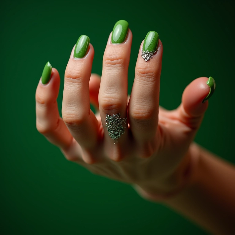 Unhas de gel verde com glitter para brilhar.
