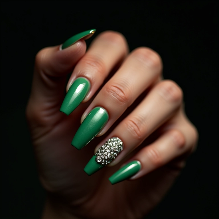 Unhas de gel verde com pedrarias luxuosas.