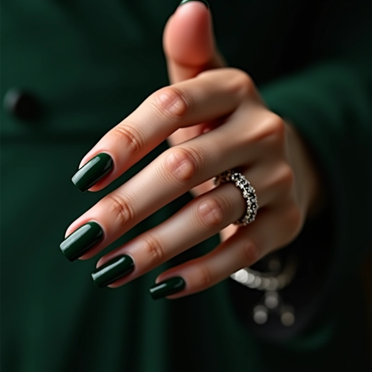 Unhas de gel verde escura em visual sofisticado.