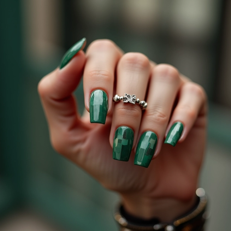 Unhas de gel verde geométrica para visual moderno.