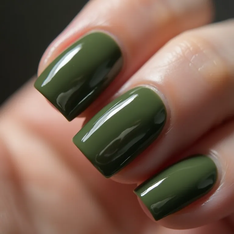 Unhas de gel verde militar brilhantes e duráveis.